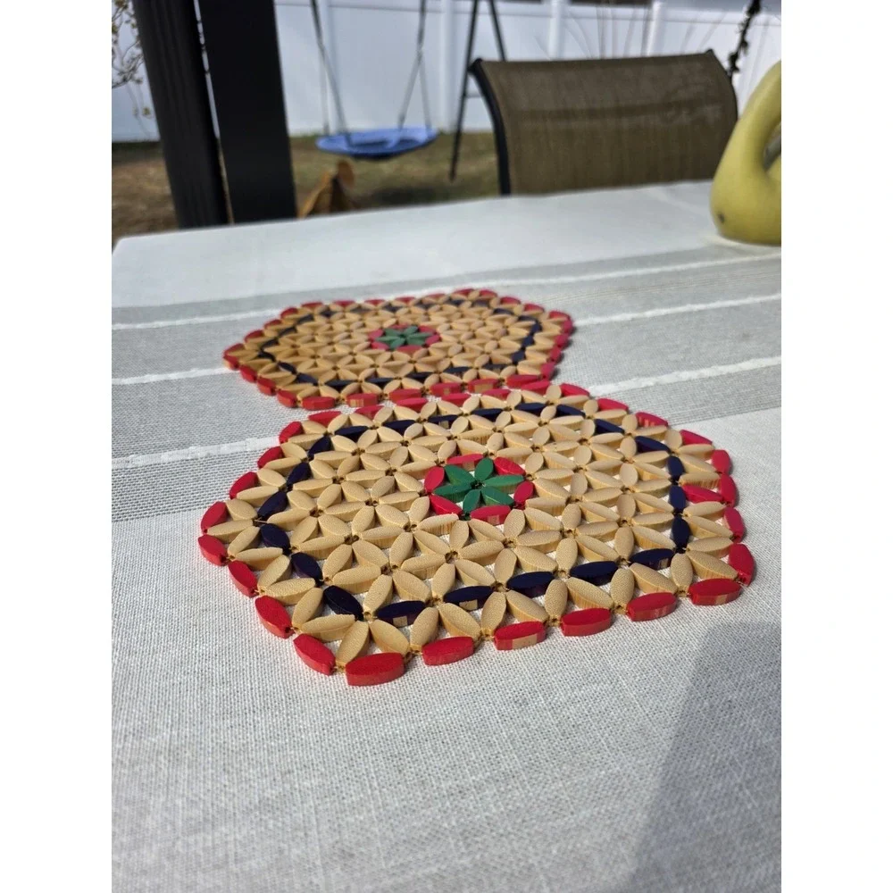 VTG Set 2 Wood Chip‎ Trivets 7x10 Red Green Black Geometric Kitchen Table